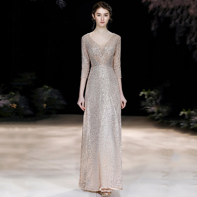 お呼ばれドレス 宴会 イブニングドレス 新作 ゴールド 気品 スパンコール エレガント ドレス 女性 司会者 質感 年次総会 ドレス