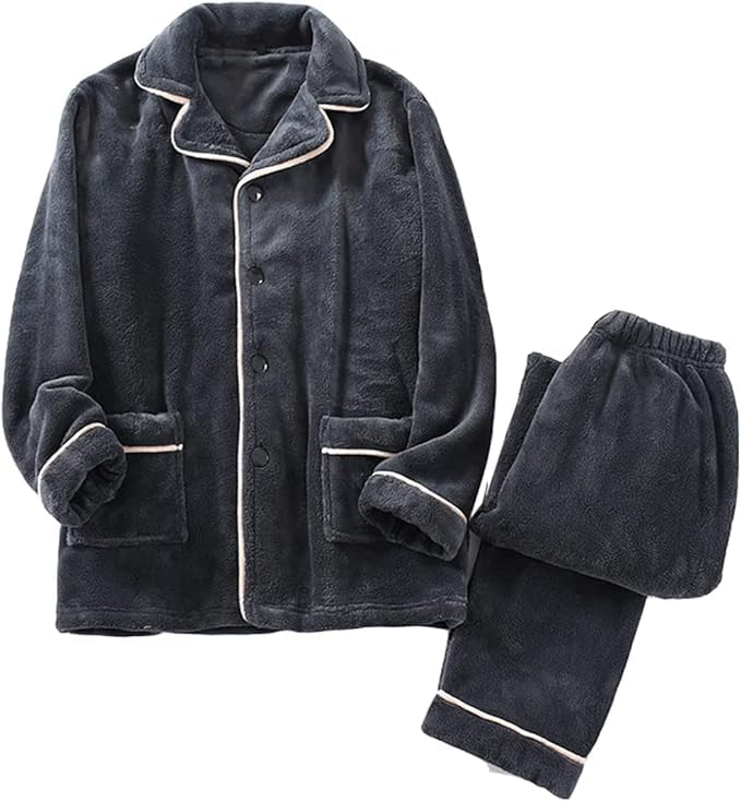 [wechose] メンズ パジャマ フランネル 上下セット 部屋着 ルームウェア ゆったり 両面起毛 裏起毛 長袖 防寒 暖かい 厚手 衿付き ポケット付き 秋冬服 無地 肌に優しい ふんわり 寝間