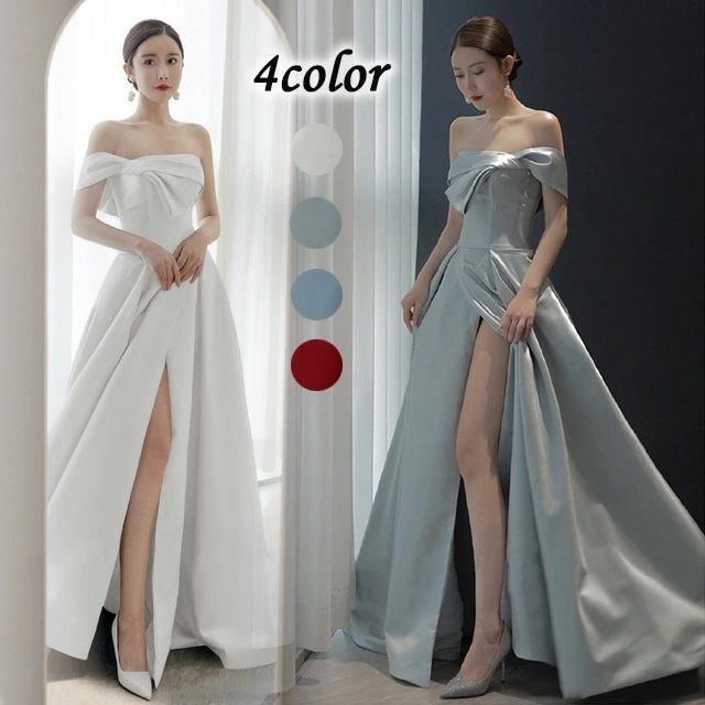 イブニングドレス サテン オフショルダー ロングドレス スリット セクシー ホワイトドレス ノースリーブ Aライン 発表会ドレス ワイン赤 30代 二次会ドレス パーティードレス グレー ブルー