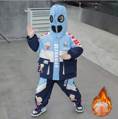 男の子の冬服プラスダウンスーツ冬の新しいウルトラマンの厚着子供の冬の男の子のズボンの綿入れのコートの2つのセット