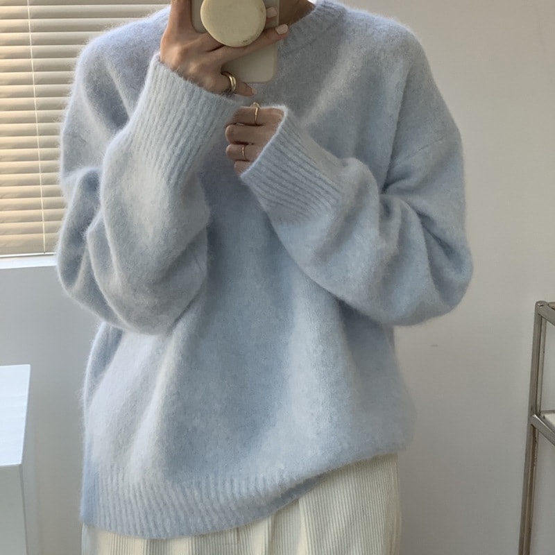 ジェントルアライグマフリースクルーネックセーター（レディース）ゆったりフィット秋冬に レイジースタイルブルーの柔らかくて心地よいベースニットウェア
