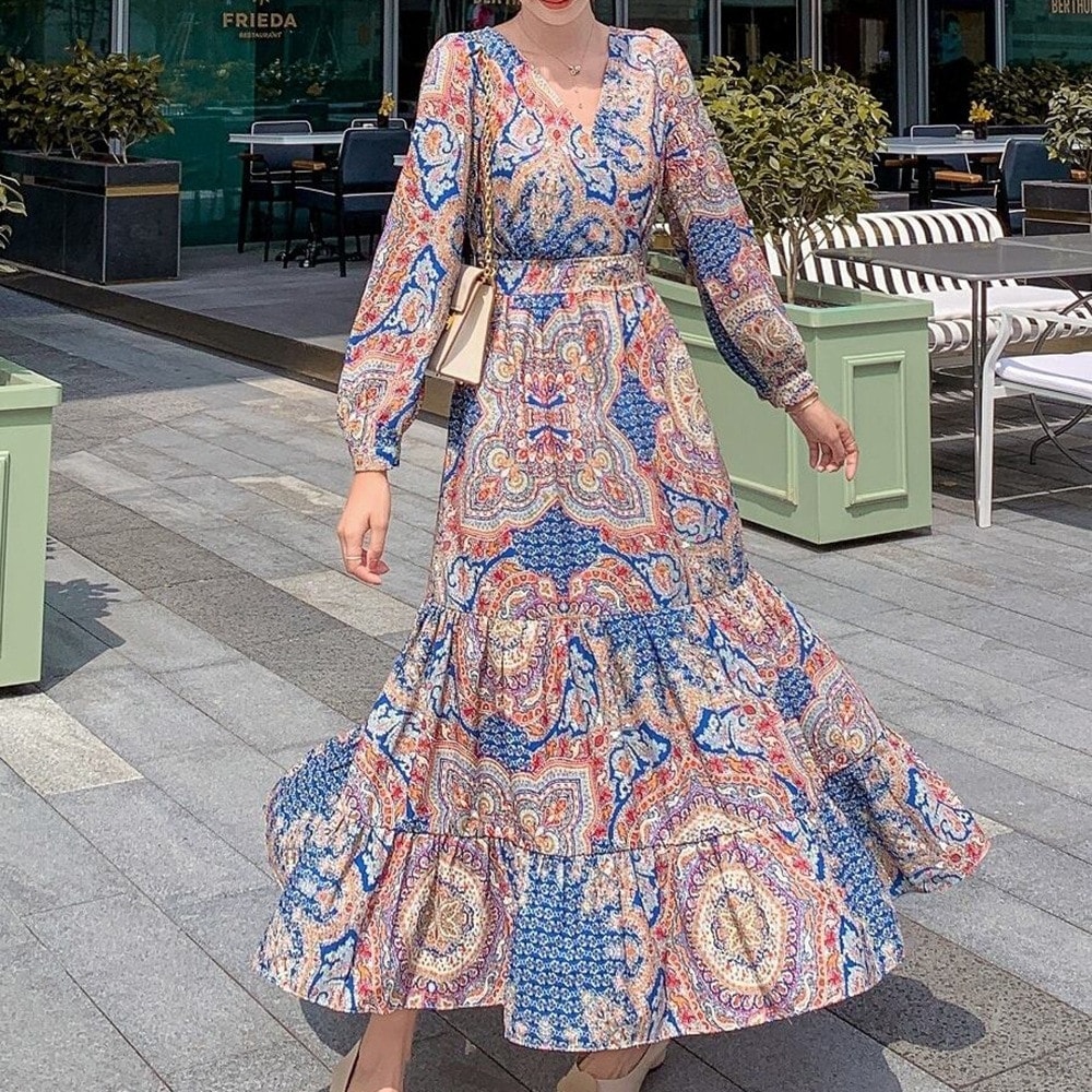 ロングワンピース ワンピース フレアワンピース ロング ロング丈 袖あり 長袖 Vネック カシュクール フレア マーメイド 切り替えデザイン ポリエステル かわいい 大人可愛い シンプル カジュアル