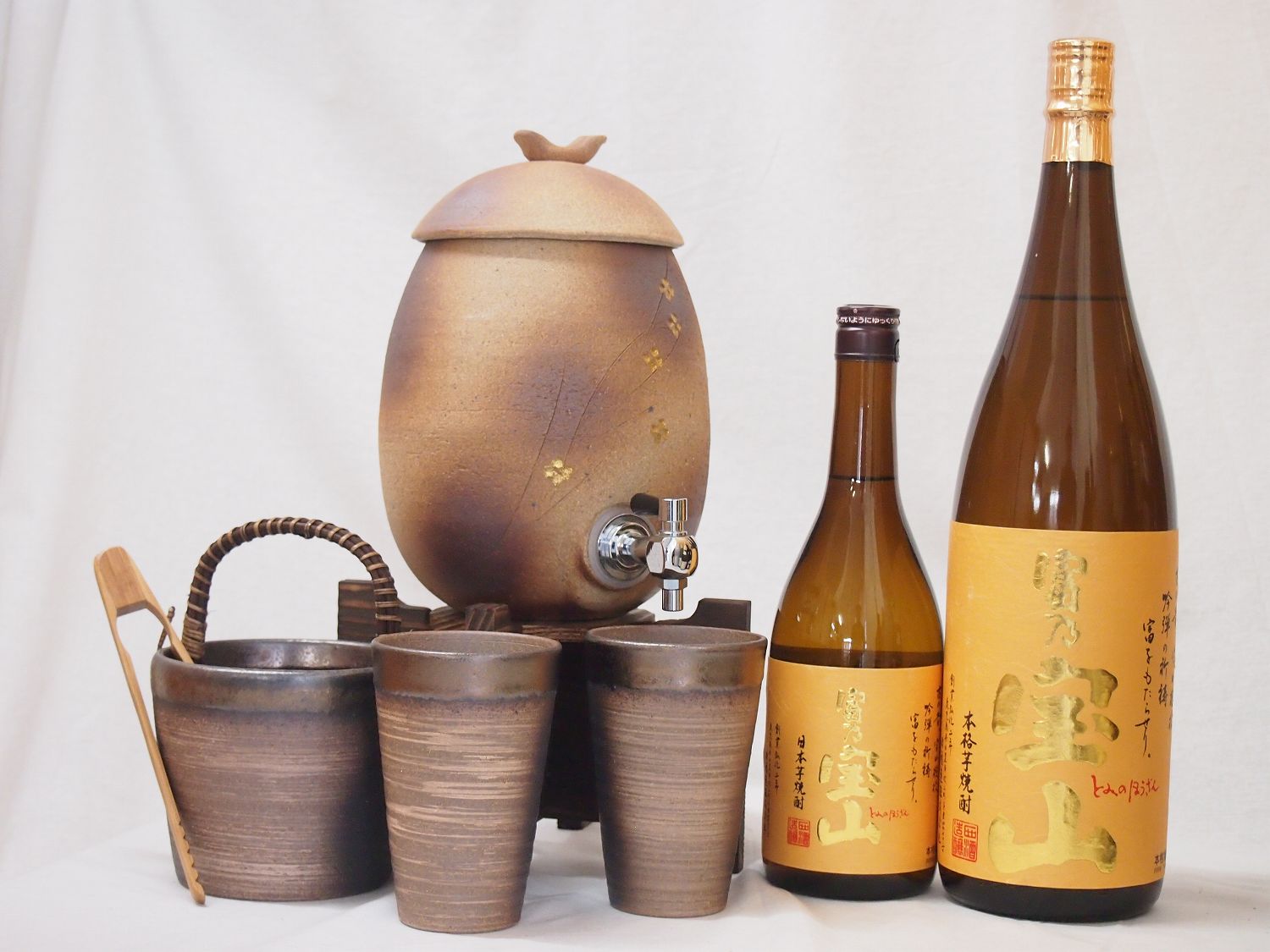 信楽焼明山窯　焼酎サーバー　火色金小紋　2200ｃｃ(滋賀県)+萬古焼備前金彩焼酎ペアカップ 氷