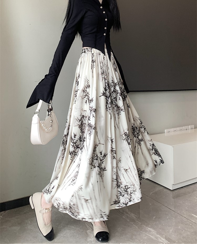 スカート ロングスカート フレアスカート ミモレ丈 ロング Aライン ハイウエスト ウエストゴム 透け感 薄手 水墨柄 きれいめ 大人 上品 おしゃれ クール エレガント フォーマル 春 夏