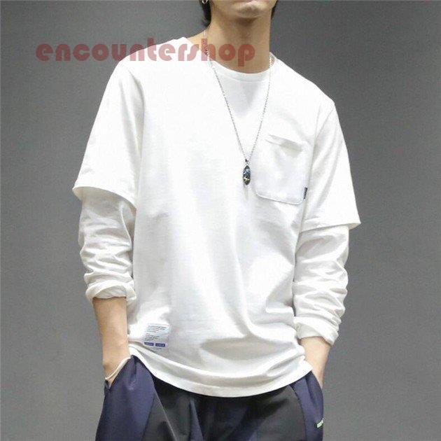 最初に体験してください重ね着 Tシャツ メンズ 春 秋 長袖 ゆったり カジュアル メンズファッション 無地 丸首 2019