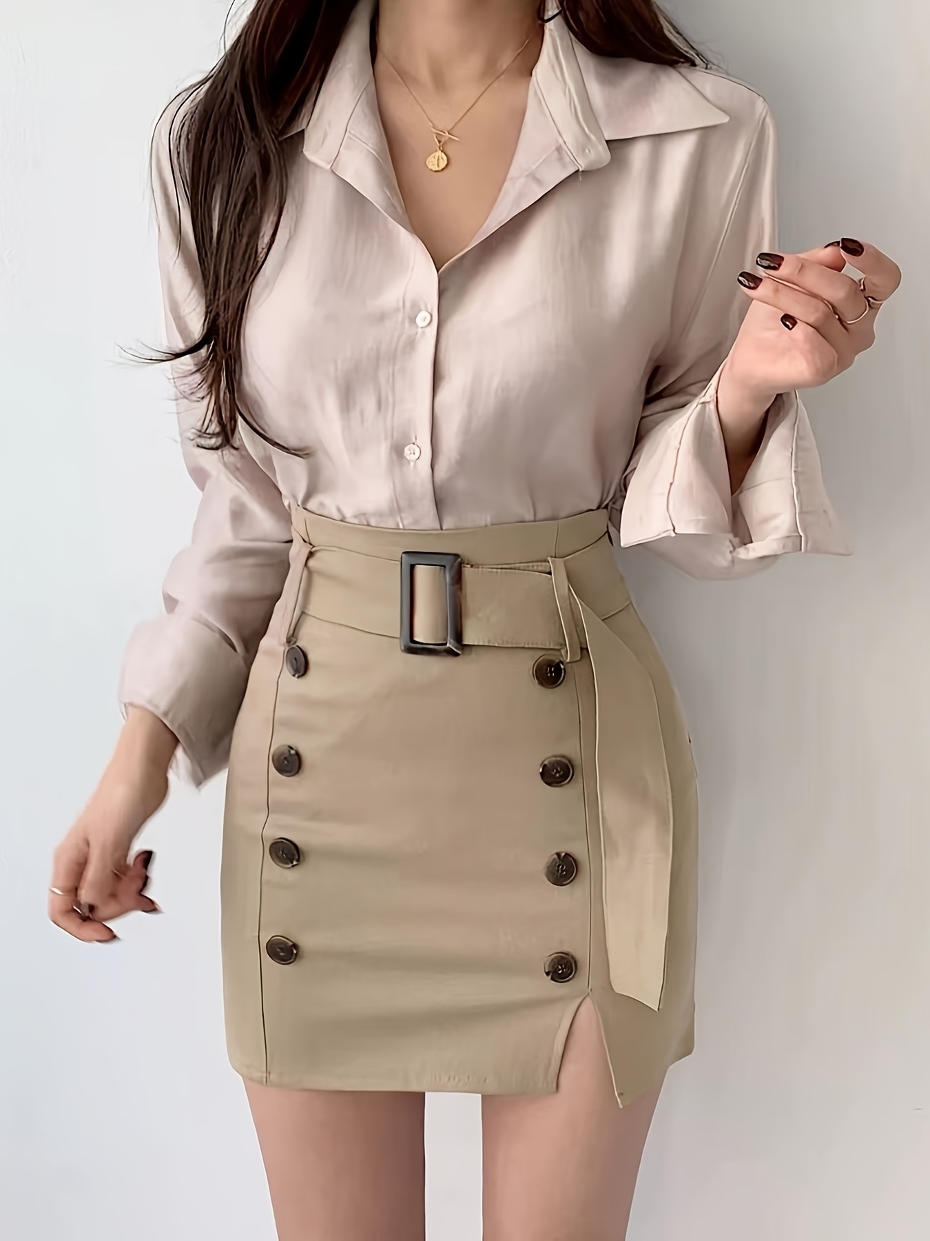 エレガントミニスカートハイウエストベルト付き春夏用ポリエステル