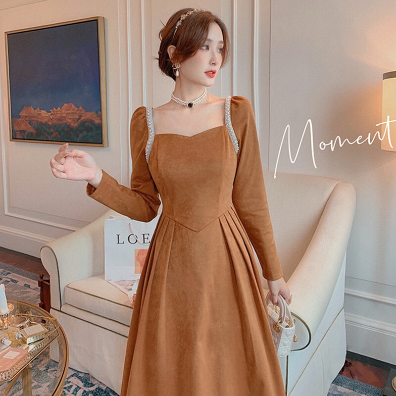 ベロアドレス ブラウン ワンピース ロング ロング丈 スリム 細身 ストレート スマート かわいい