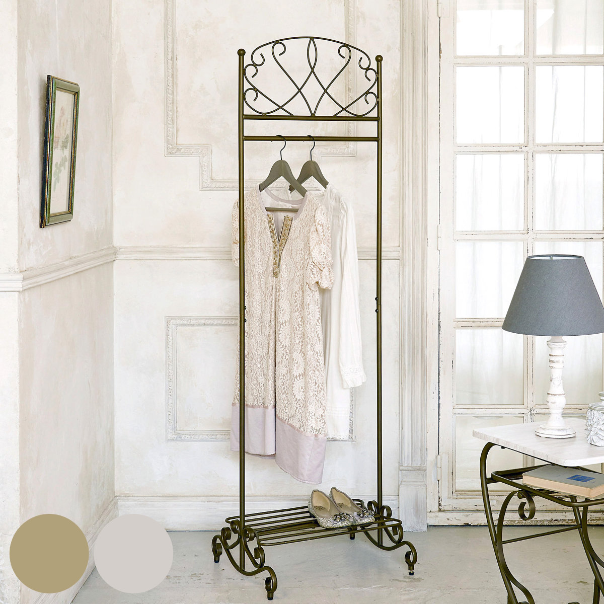 ハンガーラック Celestia セレスティア ハンガースタンド コートハンガー 棚 コート掛け 収納 ラック 省スペース ハンガー アジャスター付 玄関 アンティークゴールド ホワイト