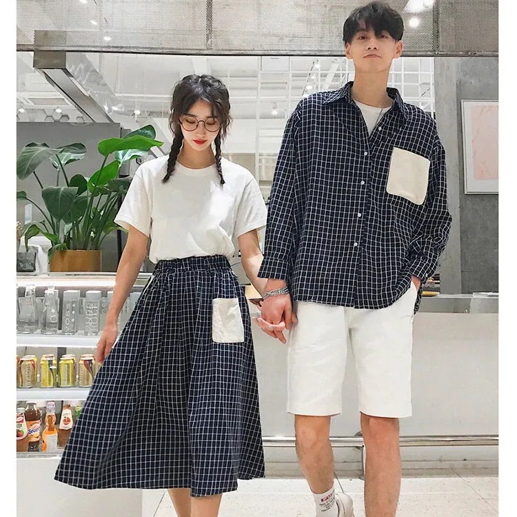 春夏先取り！！ペアルック ペアシャツ カップル 韓国風 チェック柄 レデーススカートセット メンズ セットアップ