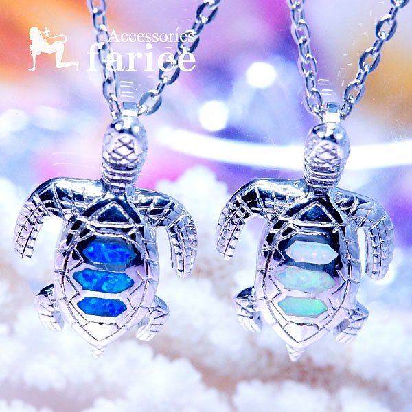 ホヌ(海がめ)リアル立体型デザイン 3ブルーオパール甲羅装飾 メンズ&レディース ハワイアンジュエリー シルバー925 ペンダント ネックレスブルーorホワイト 4,440円