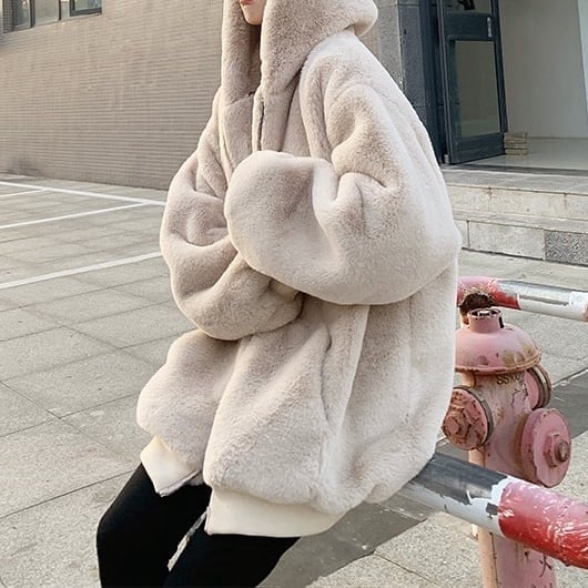 ボアブルゾン レディース ジャケット アウター フェイクファー ミディアム丈 フード ボア オーバーサイズ 韓国風 軽い 軽量 フード付き 冬服 厚手 アウター 暖かい 大きいサイズ