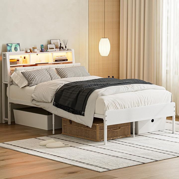 ベッドフレーム ファブリックベッド 収納宮棚付き 革張りのベッド パイプベッド スチールベッド 高さ調整 布張り 静音 通気性 頑丈 カビ防止 安定性 耐久性 (ホワイト, シングル)