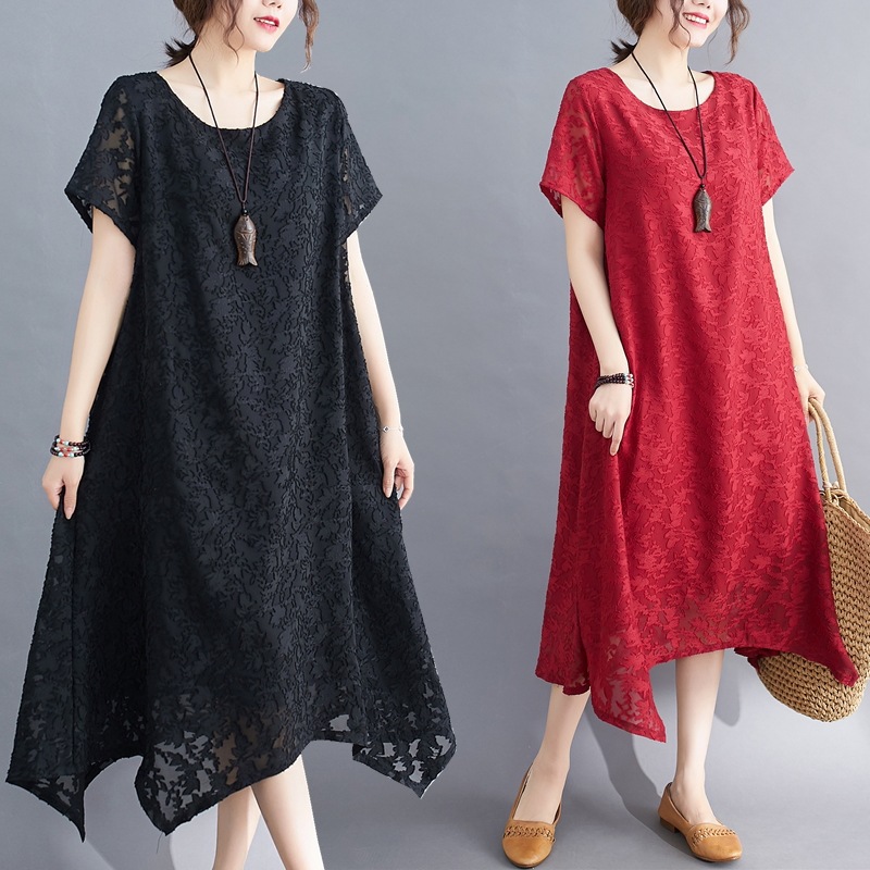 総レースワンピース ワンピース フレアワンピース ワンピドレス ミモレ ミモレ丈 袖あり 半袖 ラウンドネック フレア レース 透け感 綿 かわいい 大人可愛い きれいめ シンプル カジュアル 大人 5,382円