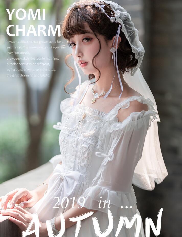 ロリータ ワンピース コスプレ ティアードドレス ホワイト キャミソール 膝丈 lolita ロリータ服 スカラップ 可愛いワンピース 学園祭 文化祭 イベント 撮影衣装 リボン付き コスチューム プ