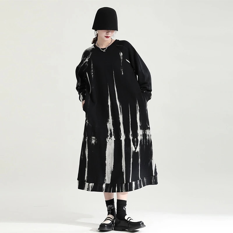 【送料無料】欧米今年も人気！グラーデション長袖スウエットワンピース大裾のオーバーサイズT ロングタイプ着痩せ効果