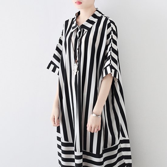 【取寄：納期2週間】ワンピース シフォンワンピース ストライプ 半袖 レディース 五分袖 七分袖 襟付き 膝丈