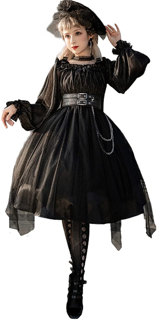 ゴスロリ ロリータ ワンピース ブラック レッド シフォン チェーン