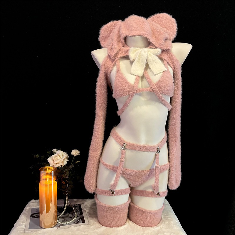 ピンク ベア ミンク毛 高級コスプレ 私撮り 手袋＆ソックス付き