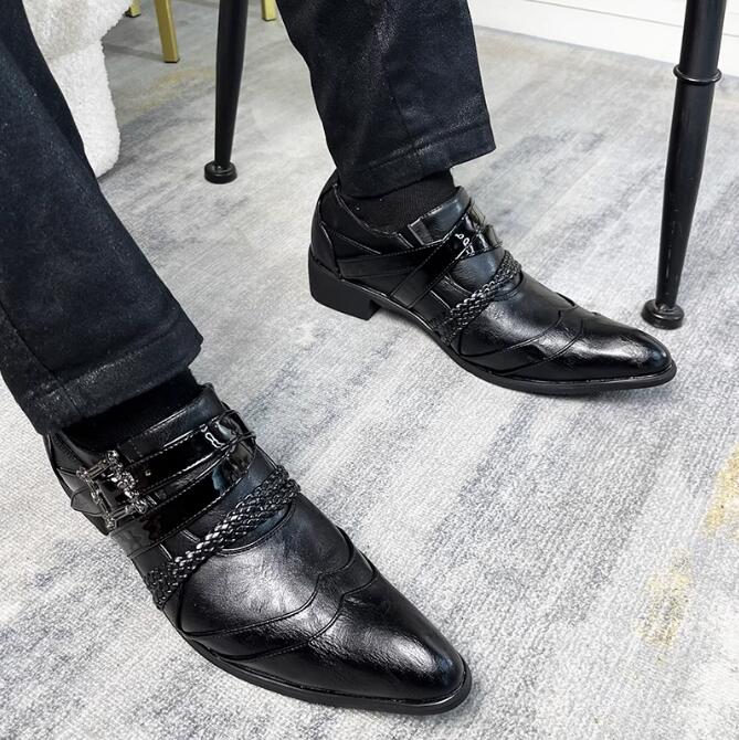 大きいサイズ ビジネスシューズ メンズ 革靴 短靴 スリッポン ロングノーズ ストレートチップ ヒール4cm インヒール2cm フェイクレザー フォーマル カジュアルシューズ 脚長 美脚