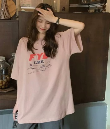 トップス Tシャツ カットソー ビッグT 袖あり 半袖 ラウンドネック 襟なし ストレート カジュアル ラフ ルーズ 飛行機 プリント ロゴ 春 夏 10代 20代 レディース 女性用 ママ