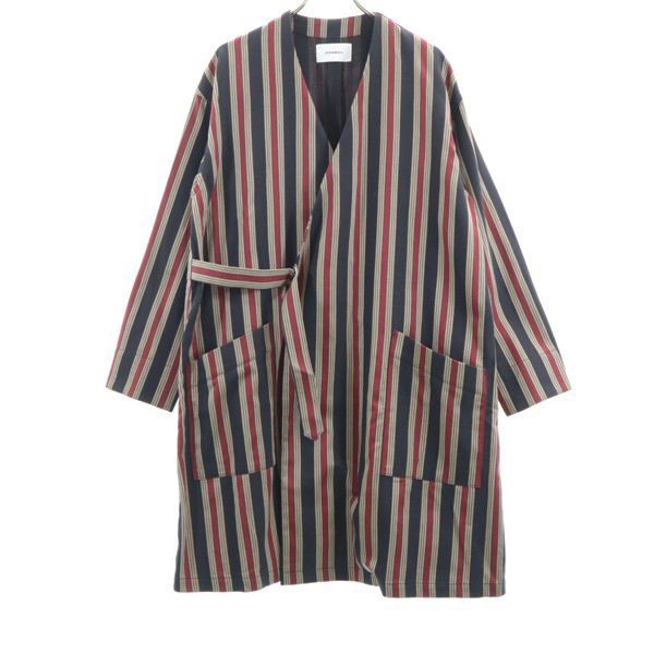 未使用 ストライプ コート S ネイビー×えんじ モロッコシリーズ ガウン風コート リネンブレンド メンズ