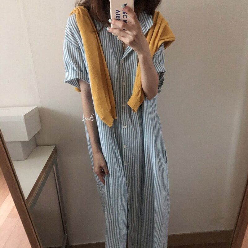 シャツワンピース レディース ロングワンピ ワンピ ストライプ ブルー 青 フロントボタン シングルブレスト 膝下 夏 サマー 大きいサイズ 半袖 Vネック S M L XL オーバーサイズ ゆったり