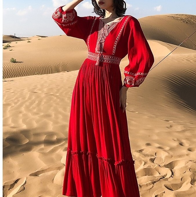 ティアードワンピース ワンピース 長袖 春 夏 かわいい ロング aライン マキシ ティアード ロング丈 マキシ丈 ぽわん袖 Vネック ストレート Aライン 刺繍 前開き 赤 レッド S M L XL