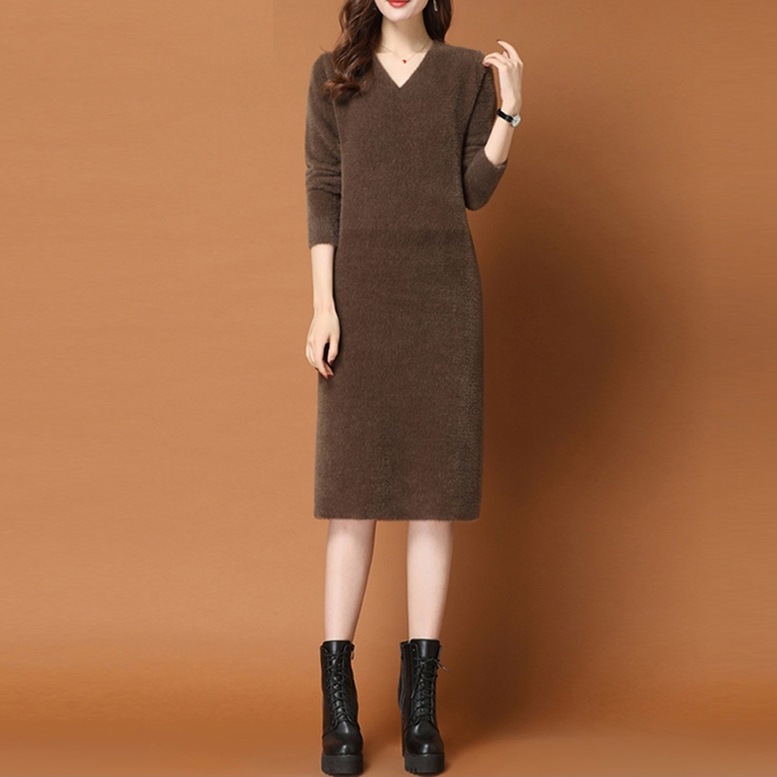 ワンピース レディース ミディ丈ハイゲージニットワンピース ニット ドレス ひざ下丈 Vネック 長袖