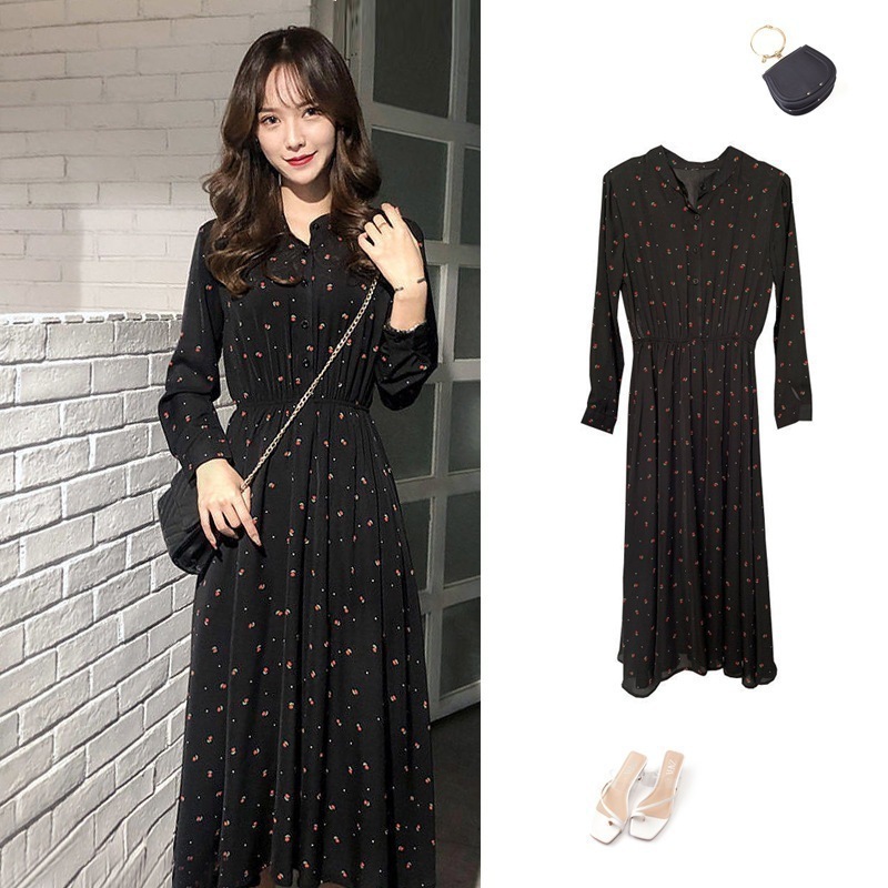 初秋気質ドレス婦人服レディースフレッシュスリムウエストゴムミドル長袖aラインスカート秋冬