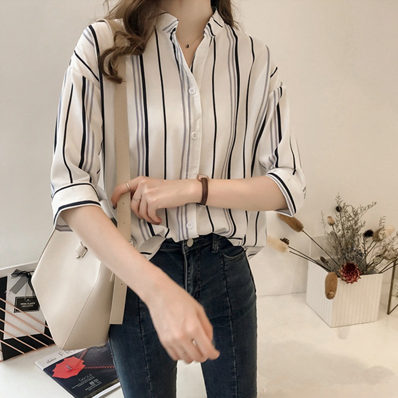レディース トップス ブラウス シャツ スキッパー ストライプ キレイめ シンプル カジュアル こなれ感 スッキリ 体型カバー 半端袖 ７分袖 ホワイト グリーン レッド ブルー 白 緑