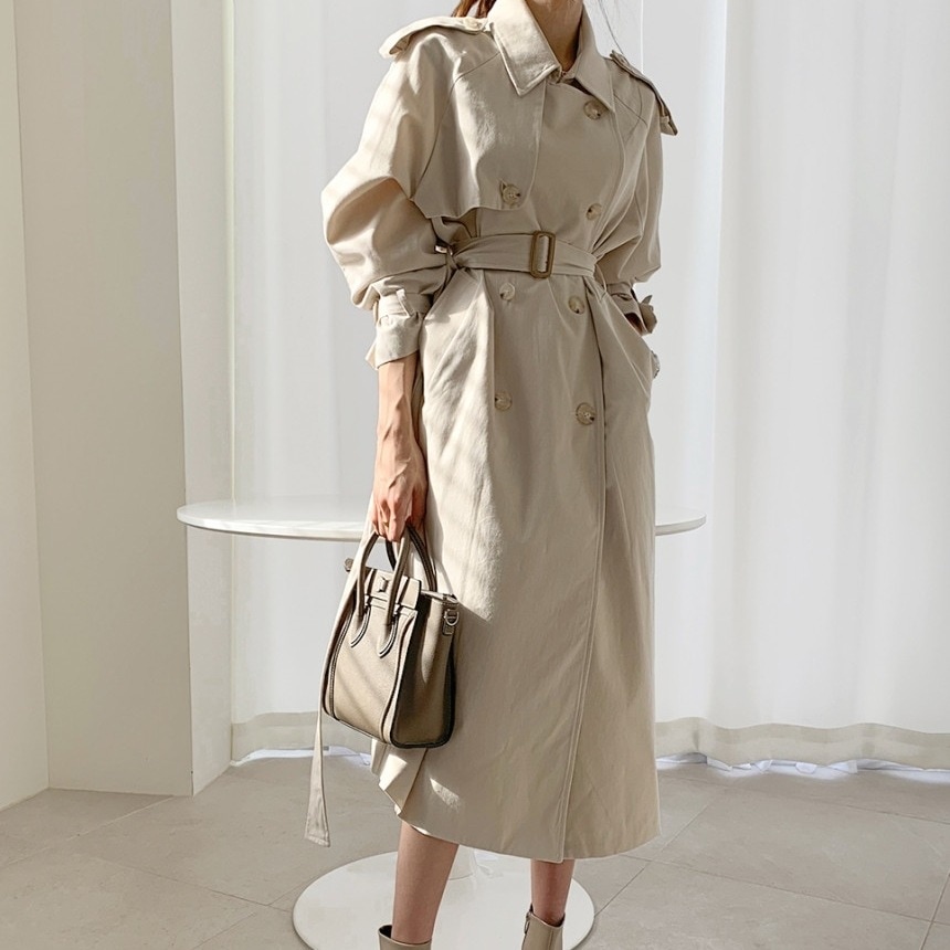 アウター レディース スプリングコート S M 韓国 トレンチコート べっ甲ボタン ベルト付き バックル ロング丈 長袖 かわいい 大人可愛い レトロ きれいめ カジュアル 上品 おしゃれ かっこいい