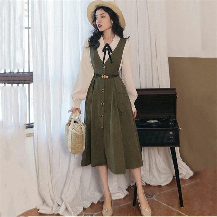 出荷が迅速である 独占販売 2点セット シャツ+ジャンパースカート レディース デニムジャンスカ Aライン 森ガール 長袖 ロングスカート マキシ丈 春 秋 冬 大人 着痩せ 文芸 女子 日系 通学