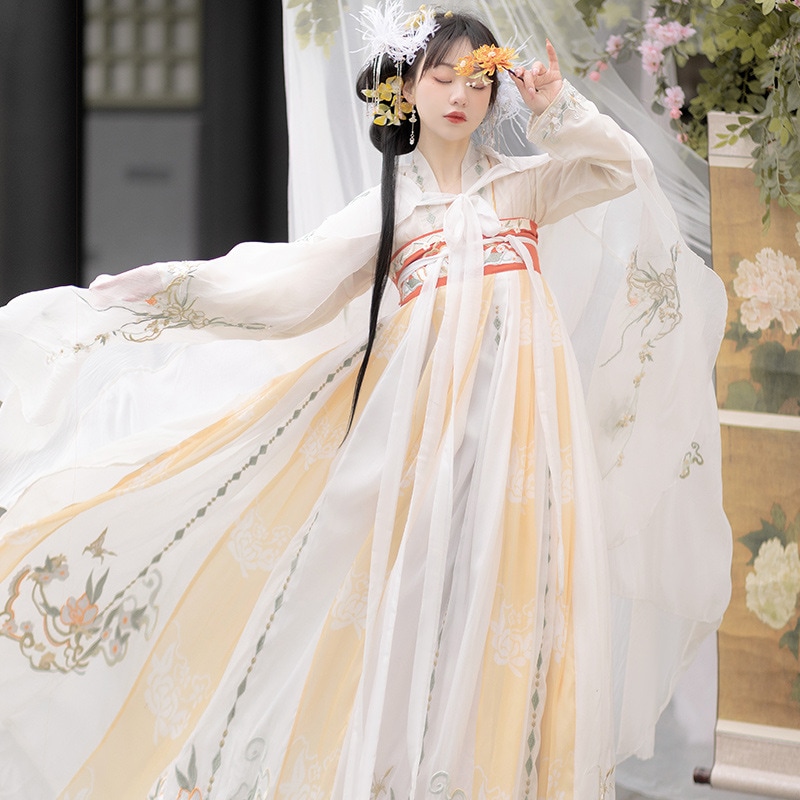 元の漢服の女性の春の中国風のマントは重工業の刺繍の胸の長さのスカートで唐代に作られました古代の衣装の妖精の空気を改善しました