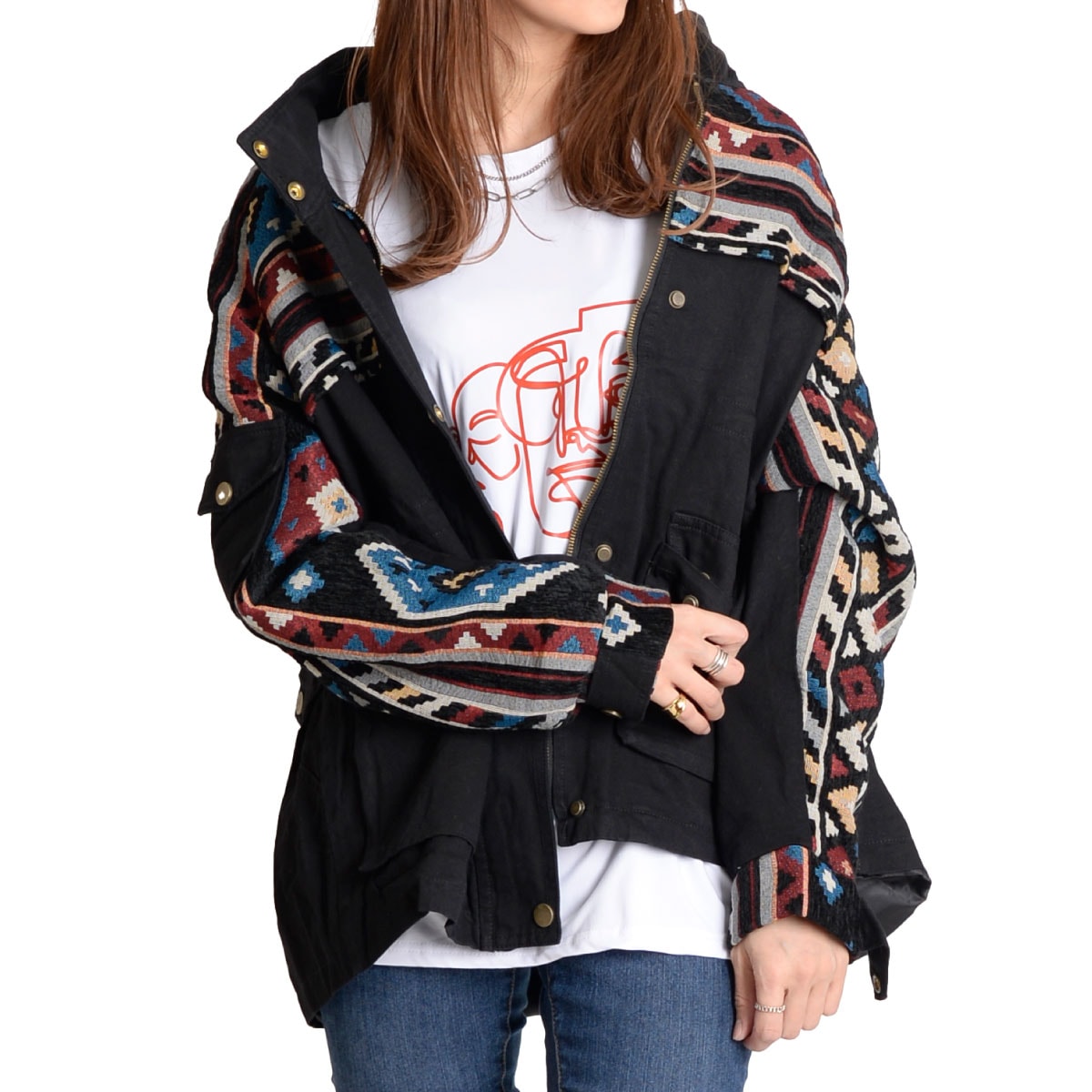 モッズコート モッズ ジャケット コート レディース メンズ アウター ショート丈 鮮度上がるオルテガ柄ショートモッズジャケット ブルゾン ハイネック 上着 羽織 長袖 秋 冬 柄 無地 綿混 n_