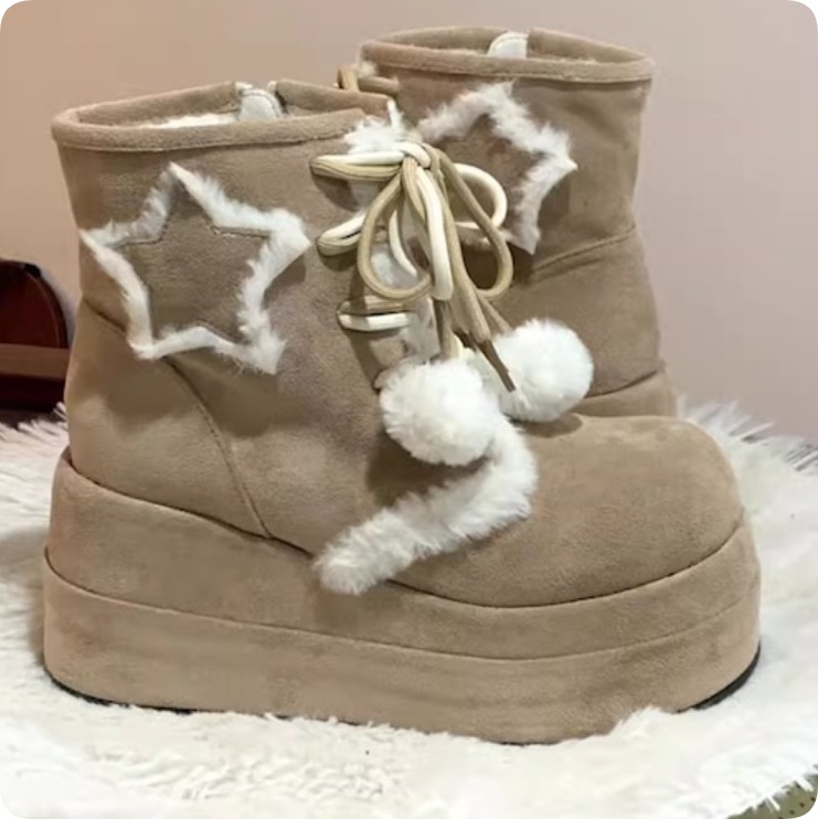 新着 春 秋 冬 厚底 裏起毛 暖かい ショートブーツ 防水 全2カラー　ボンボン付きハイカットブーツ（高さ7.5cm）