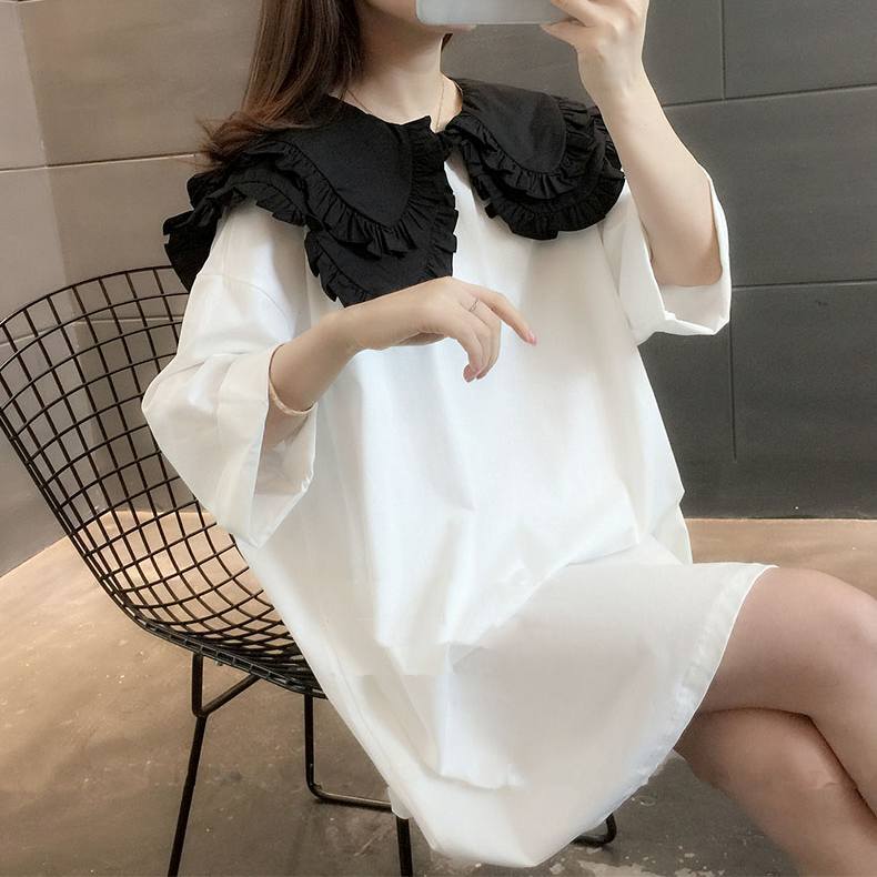 ワンピース チュニック 白シャツ 白トップス Tシャツワンピース ミニ ミニ丈 ショート丈 袖あり 7分袖 七分袖 ドロップショルダー ラウンドネック 襟付き ビッグ襟 ビッグカラー ワイド