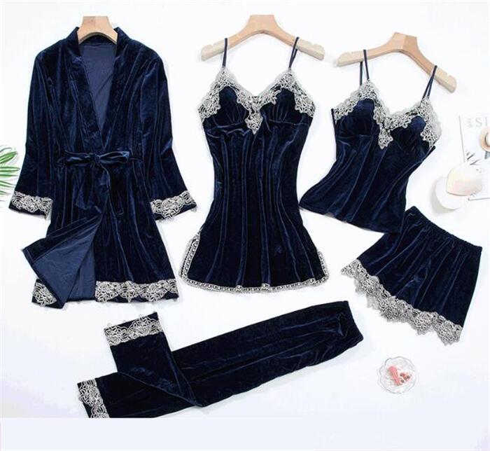 ベロアパジャマ 5点セット ガウンレディース寝巻きナイトウエア ルームウエアカーディガンカップ付きキ