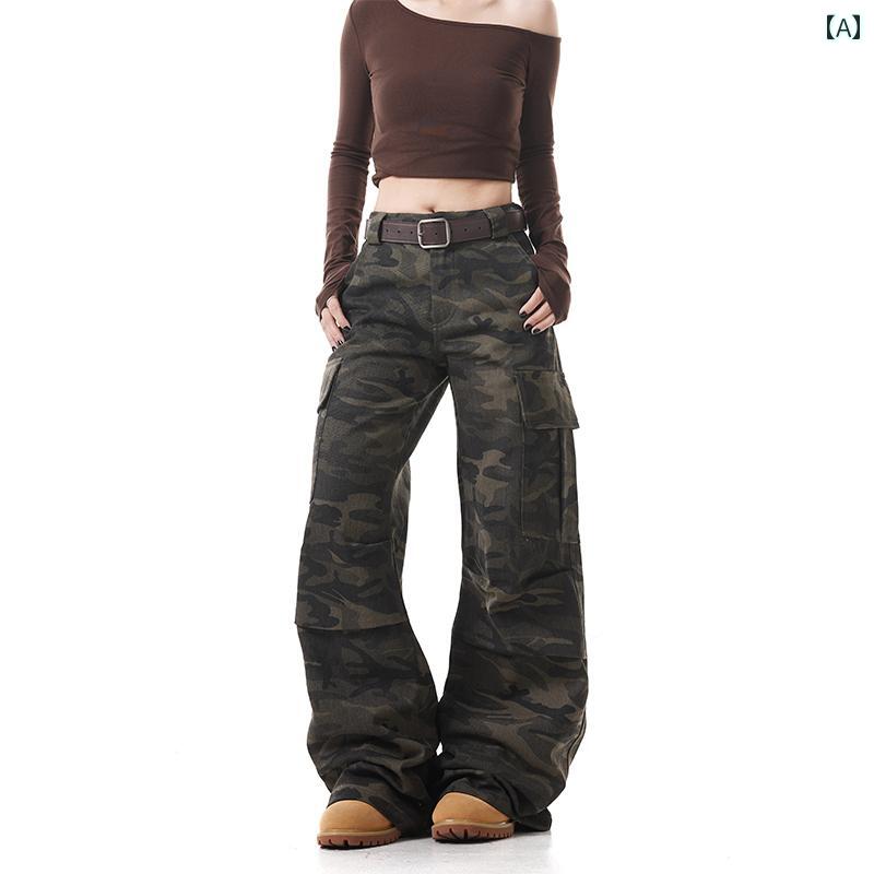 トップス　半袖　レディース アメリカン レトロ フレア 迷彩 オーバー オール 男女兼用 ストレート ウォッシュド マルチ ポケット カジュアル モ ッピング パンツ 夏用