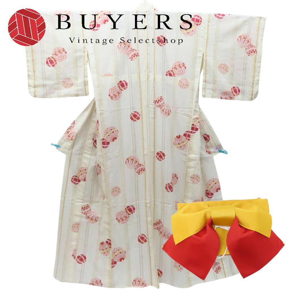 中古 浴衣 2点セット 作り帯 M 綿 麻 ポリエステル オフホワイト くすみカラー イエロー レッド バイカラー リボン 可愛い 和装 呉服 和服 きもの レディース 女性