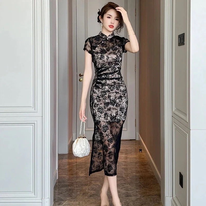 新しい中国風レースチャイナドレス半袖改良ドレス女性の若い日常ドレススカート国民風スカート30470