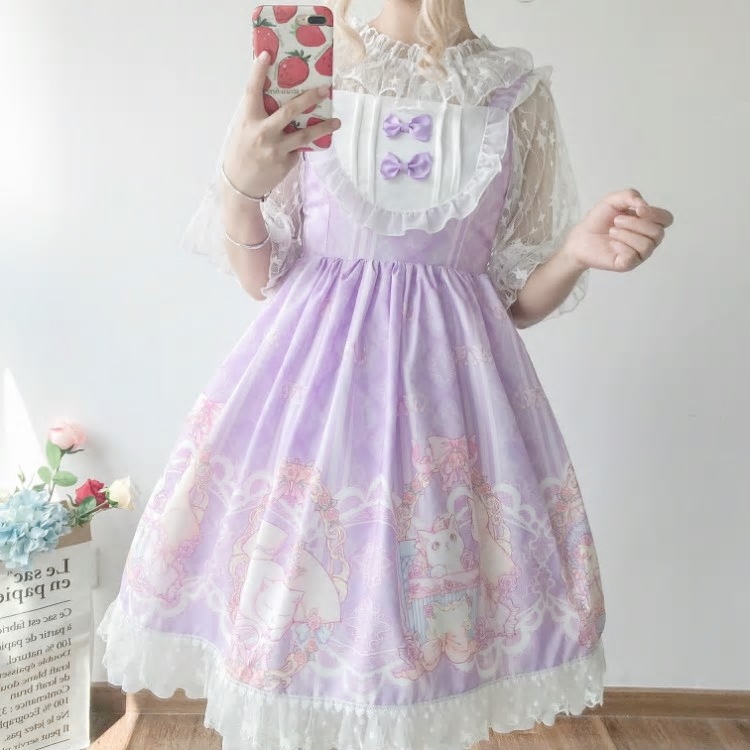 カワイイ服日本のファッションロリータjskドレス女性夏かわいい弓猫ロリータストラップゴシック