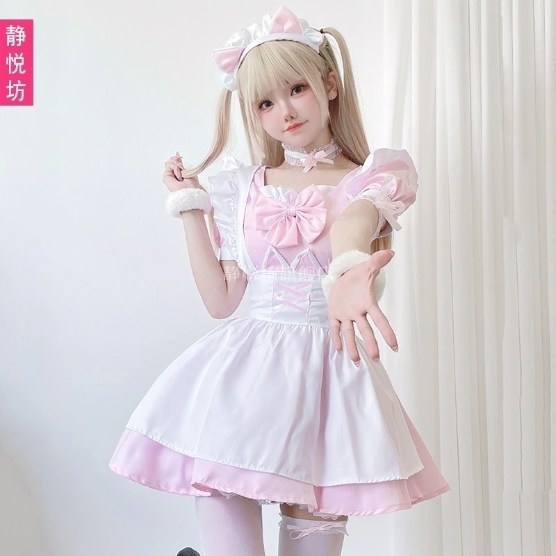【2枚購入で100円OFF】韓国ファッション ソフトガールロリータピンクかわいい猫メイド服ドレスかわいい女子アニメロールプレイメイド制服 二次元 ロリータ