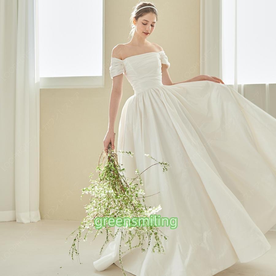 ウェディングドレス ウエディングドレス 二次会 結婚式 前撮り ブライダル ロングドレス 花嫁 プリンセスドレス プリンセスラインドレス サテン オフショルダー-27