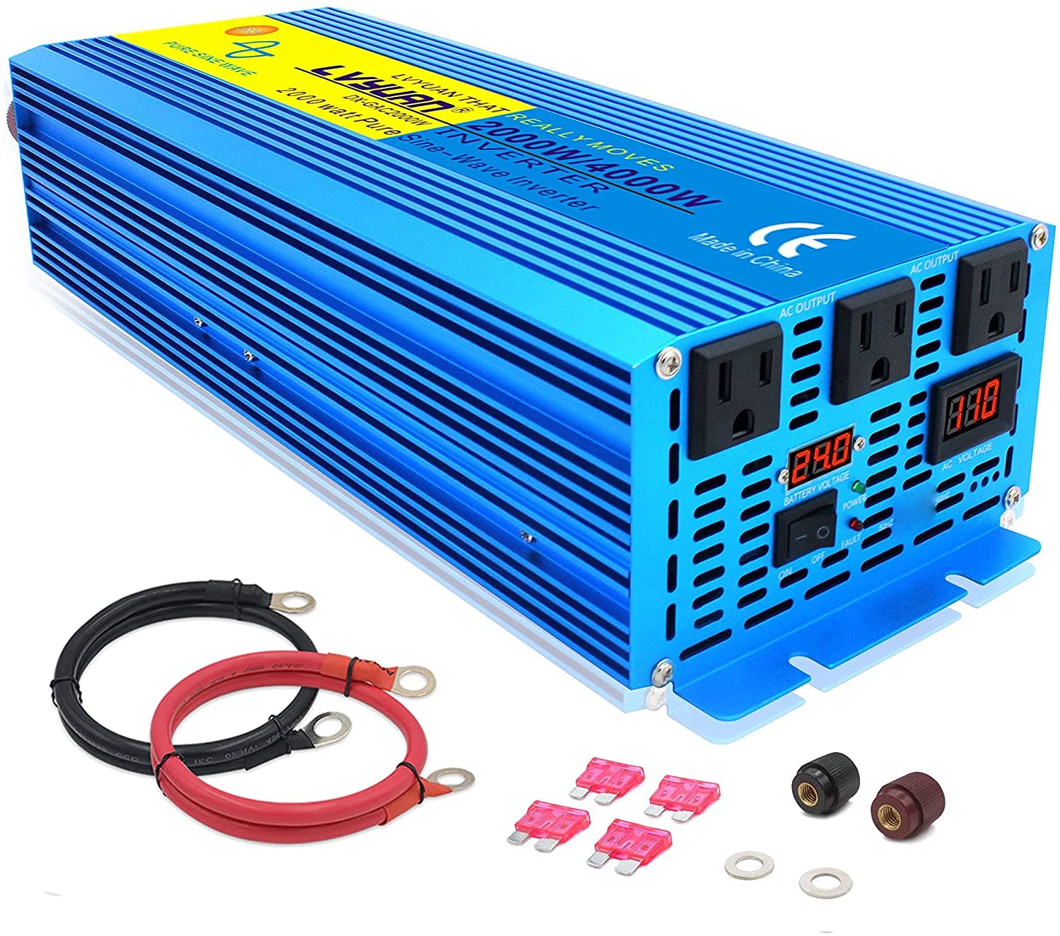 LVYUAN（リョクエン）インバーター 正弦波 24V 2000W 最大4000W DC 24V（直流）AC100V（交流）変換 50HZ 60HZ カーインバーター 太陽光発電 災害対策 地震 防災