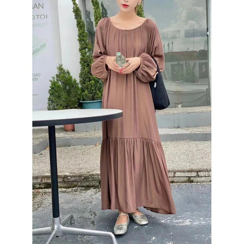 大人気上品ワンピースロングワンピースマキシフレアワンピースレディース40プリーツ春秋長袖無地ストレッチaライン大きい春夏