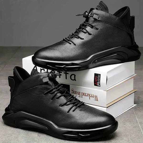 スニーカー メンズ ハイカット ミドルカット 本革 シンプル おしゃれ 人気 脚長効果 シークレットシューズ ブラック 【身長5.5cmUP】