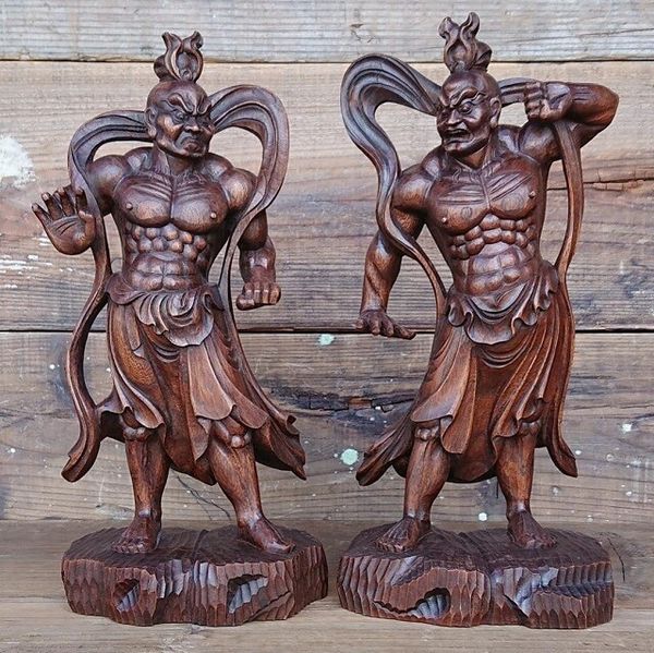 オブジェ 置き物 インテリア雑貨 家具 インテリア ケヤキ材 仁王 30cm アンティーク加工 阿吽