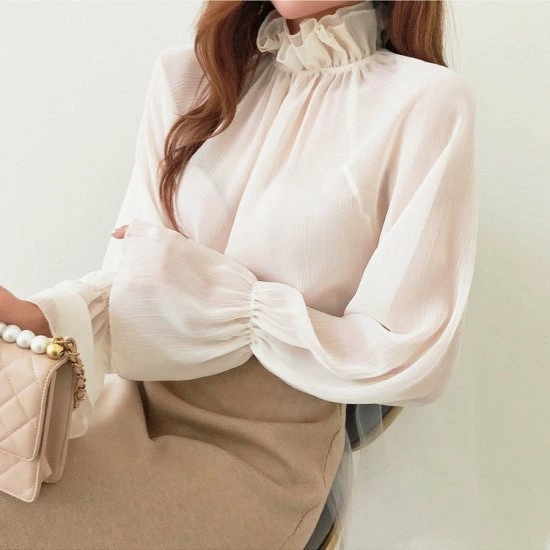 ブラウス レディース 長袖 白 フリル 立ち襟 ビジネス オフィス 無地 透け感 通勤服 きれいめ ブラウス レディース 長袖 白 フリル 立ち襟 ビジネス オフィス 無地 透け感 通勤服 きれいめ