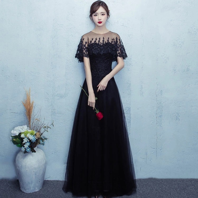 パーティードレス 結婚式 フォーマル シースルー ワンピース 二次会 20代 30代 40代 レディース ロング丈 半袖 レース Aライン フレア レース 刺繍 春 夏 秋 冬