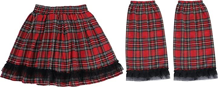 フリフリ ウエストゴム スカート レッグカバー セット フリーサイズ(B/赤白黒チェック, Free Size)